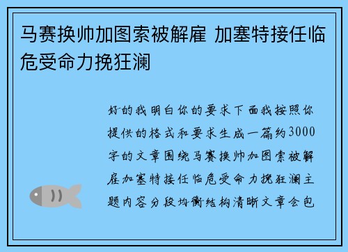 马赛换帅加图索被解雇 加塞特接任临危受命力挽狂澜